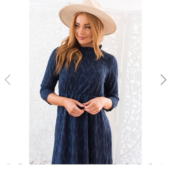 ORANGE CREEK | Navy Lace Knee Length Modest Dress - Picture 7 of 12